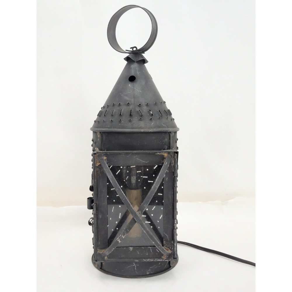 Vintage Primitive Punched Tin Candle Lantern Glass Lens Door Electrified Cottage